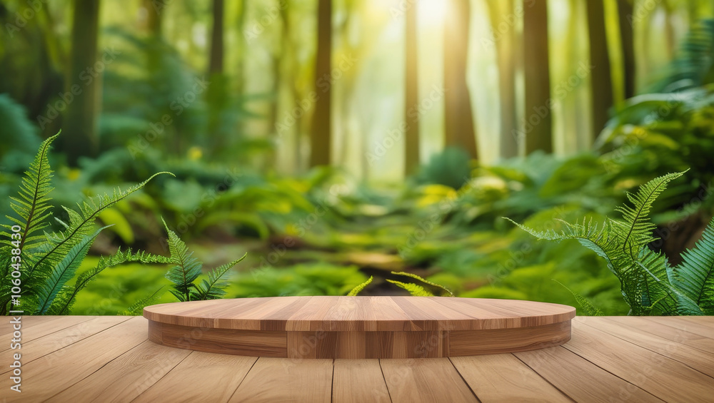 Blank or empty rustic wooden platform with forest or greenery background for product display Blank or empty rustic wooden platform with forest or greenery background for product display