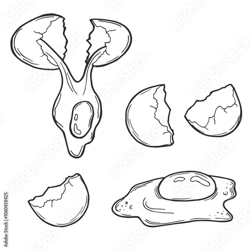 Fresh, boiled and fried eggs, outline icons. Simple broken chicken and quail eggs with cracked eggshell, drawn boiled eggs half and slices vector illustration.