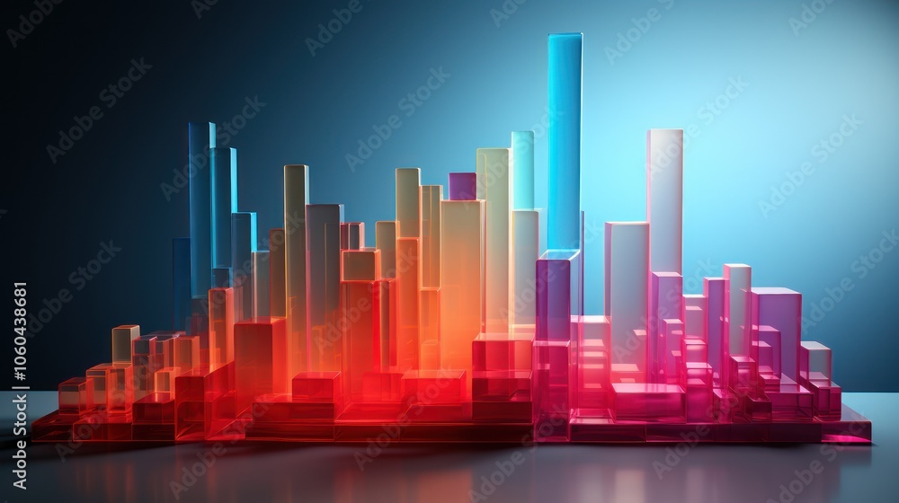 A vibrant 3D data visualization made of colorful transparent bars representing data metrics. A vibrant 3D data visualization made of colorful transparent bars representing data metrics.