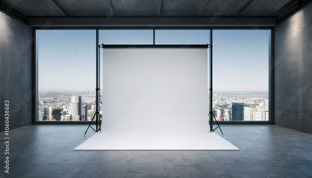 Modern photo studio interior with white mock up background, window with city view and concrete walls. Photography concept. 3D Rendering.