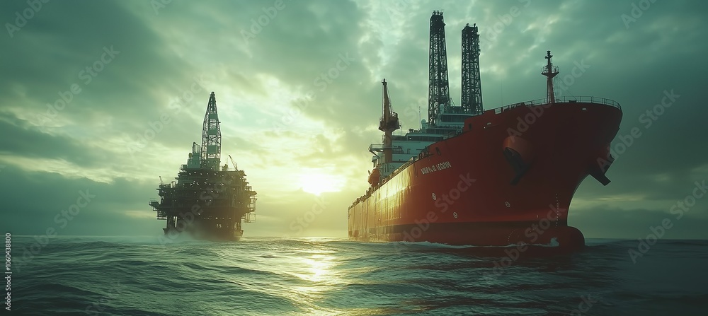 Obraz premium Offshore Oil Rigs at Sunrise on Calm Waters Two large offshore oil rigs silhouetted against the sunrise over calm ocean waters.