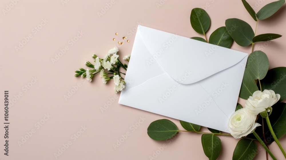 A minimalist composition featuring a white envelope surrounded by delicate flowers and greenery on a soft, neutral background. A minimalist composition featuring a white envelope surrounded by delicate flowers and greenery on a soft, neutral background.