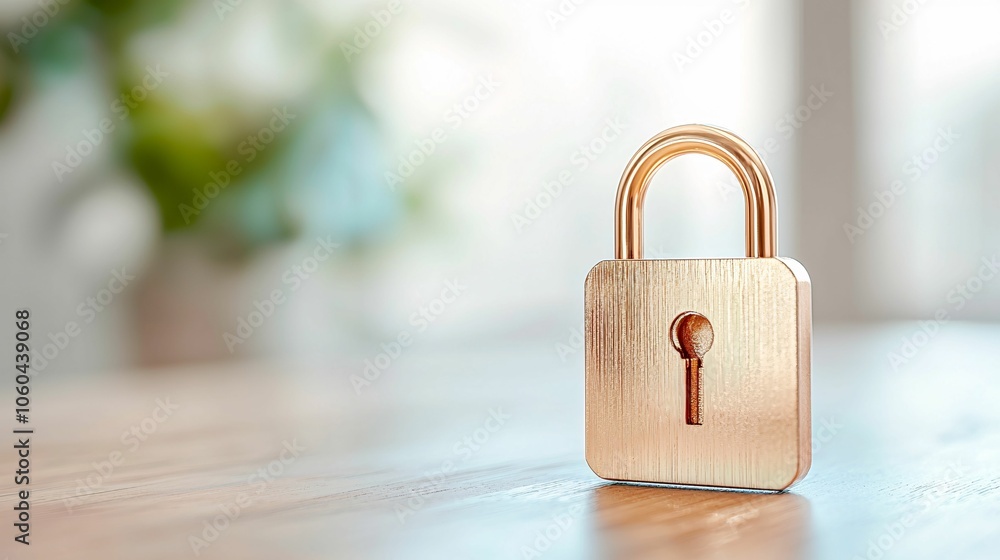 Fototapeta premium A shiny gold padlock stands on a wooden surface, with a blurred background of greenery, symbolizing security and protection.