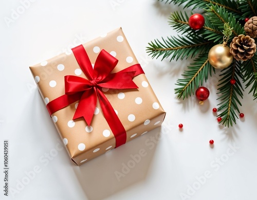 beautifully wrapped Christmas gift adorned with a red ribbon and a pine cone, set against a white background photo