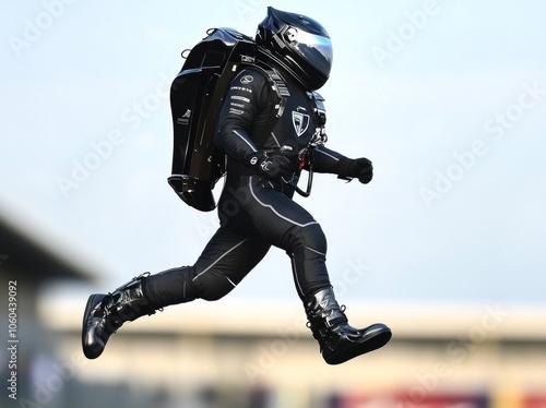 Photo of a jetpack pilot flying at an F1 race