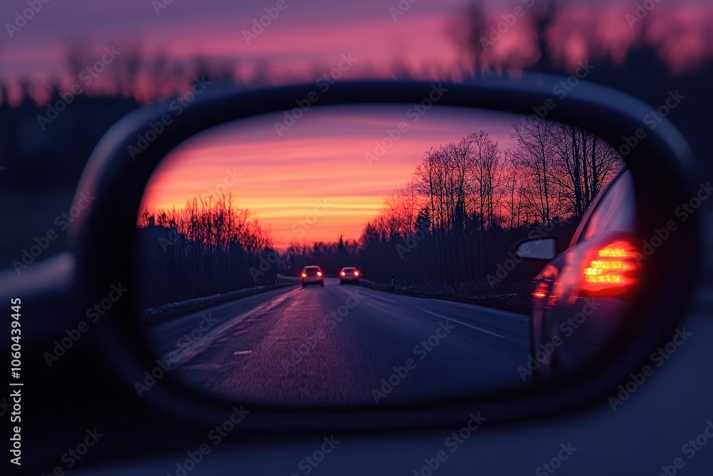 A rocky mountain peak in the side-view mirror of a car; the view behind a vehicle in a mountainous area, covered in snow.. Beautiful simple AI generated image A rocky mountain peak in the side-view mirror of a car; the view behind a vehicle in a mountainous area, covered in snow.. Beautiful simple AI generated image