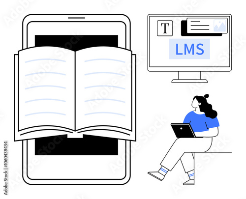 Open book on smartphone, woman using laptop, and LMS on computer screen. Ideal for e-learning, online courses, digital libraries, distance education, study apps, educational technology, teaching