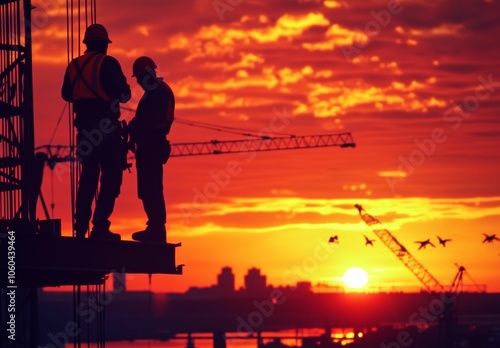 Silhouetted Workers on Construction Platform Overlooking Vibrant Sunset Skyline