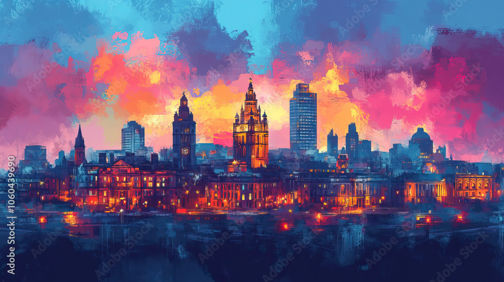Obraz premium Leeds, UK, Pop Art style theme print. Cityscape, city skyline.Vibrant, bright, modern, trendy, graphic designed for poster, card, wallpaper