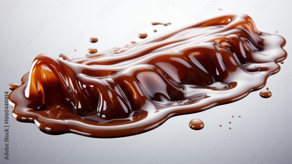 A smooth, glossy puddle of chocolate sauce on a reflective surface. A smooth, glossy puddle of chocolate sauce on a reflective surface.