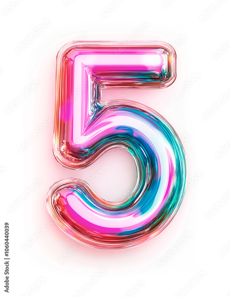White background with 3D number 5 in holographic pink color with rainbow gradient White background with 3D number 5 in holographic pink color with rainbow gradient