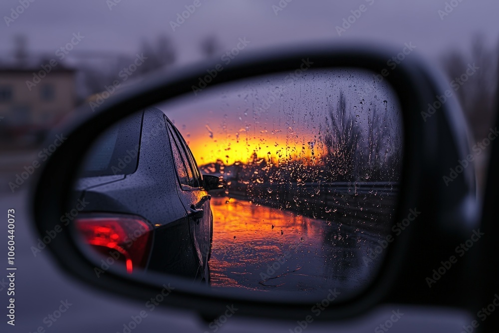 Looking In Rear View Mirror. Reflection of Twilight Sky and Sunset on Two-lane Winding Road. Beautiful simple AI generated image Looking In Rear View Mirror. Reflection of Twilight Sky and Sunset on Two-lane Winding Road. Beautiful simple AI generated image