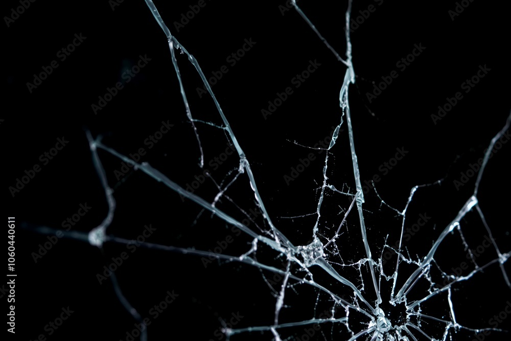 Close-up of broken glass with radiating cracks on dark background.generative AI
Close-up of broken glass with radiating cracks on dark background.generative AI