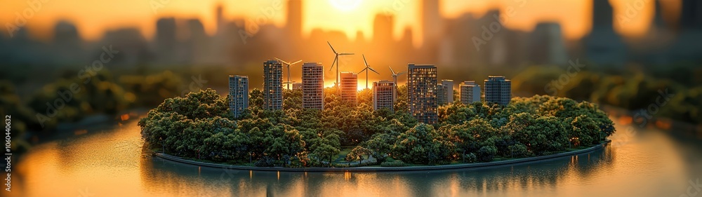 Fototapeta premium Miniature city skyline surrounded by wind turbines enhances high fidelity environment