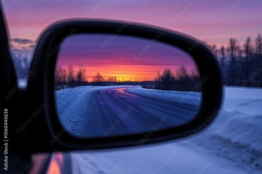 A rocky mountain peak in the side-view mirror of a car; the view behind a vehicle in a mountainous area, covered in snow.. Beautiful simple AI generated image A rocky mountain peak in the side-view mirror of a car; the view behind a vehicle in a mountainous area, covered in snow.. Beautiful simple AI generated image
