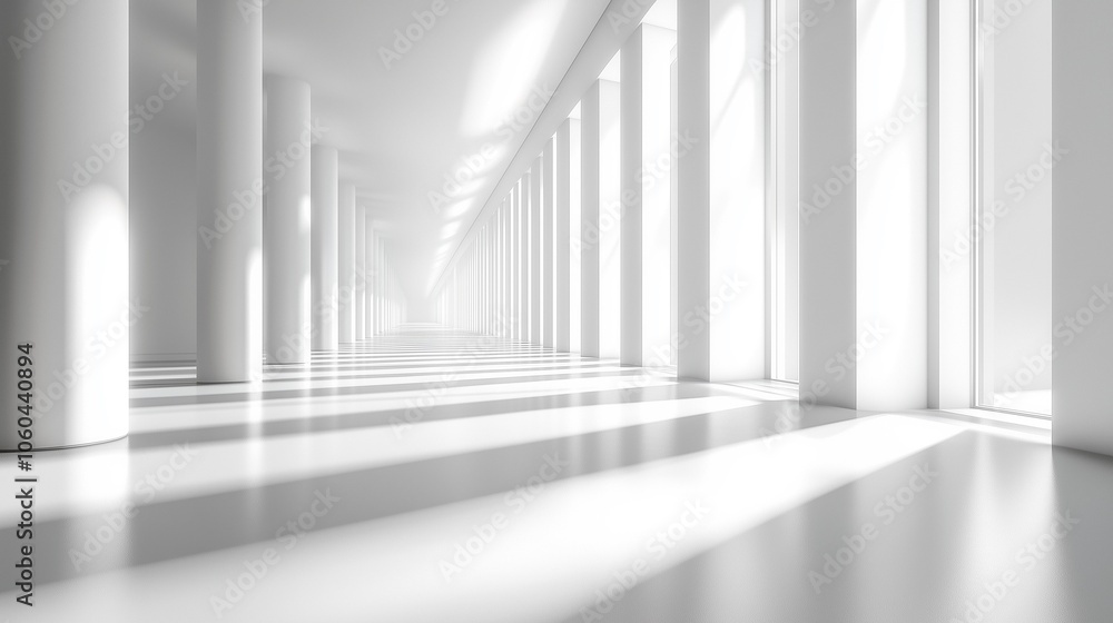 Obraz premium Abstract Futuristic White Room Featuring a Corridor and Light Beams, Representing an Innovative Technology Concept