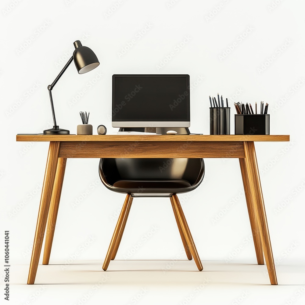 Minimalist home office desk with laptop and lamp Minimalist home office desk with laptop and lamp