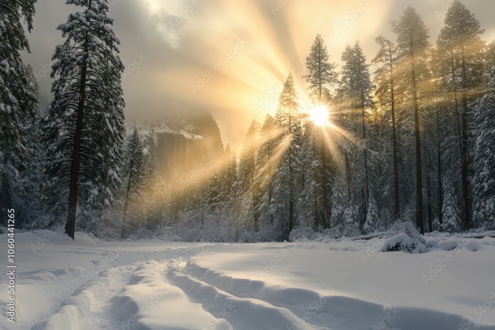 View from the snow-covered valley floow in Yosemite national park during golden hour, just before sunset.. Beautiful simple AI generated image View from the snow-covered valley floow in Yosemite national park during golden hour, just before sunset.. Beautiful simple AI generated image