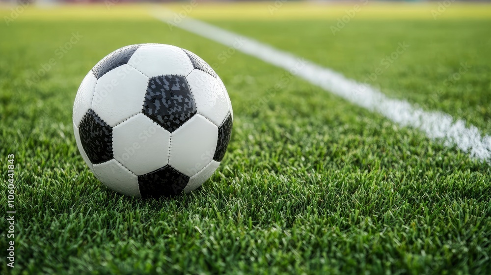 Soccer Ball on Green Grass Field with White Line Soccer Ball on Green Grass Field with White Line