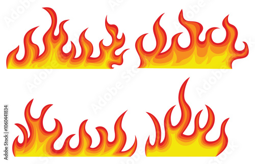 Fire Flames. Seamless fire flame pattern. Fire flat line border. Flames, bonfire vector illustration. Isolated fire set icon. Red and orange fiery flames. Hot bonfire bright fireball, heat wildfire. 