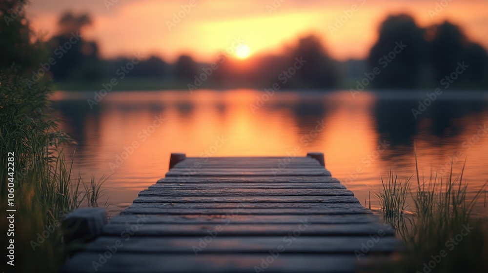 Wooden dock leading towards a lake with a sunset in the background.