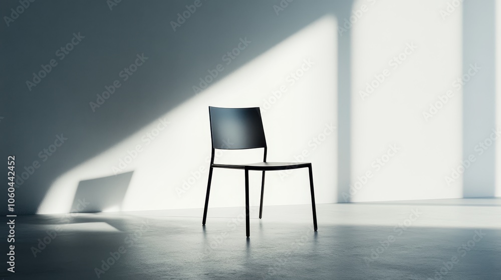 Black minimalist chair in bright empty room Black minimalist chair in bright empty room