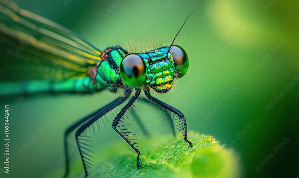 Close up macro shot of green dragonfly with big eyes, resting on green leaf Close up macro shot of green dragonfly with big eyes, resting on green leaf