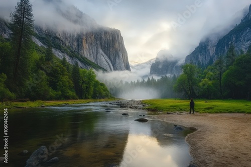 View from the snow-covered valley floow in Yosemite national park during golden hour, just before sunset.. Beautiful simple AI generated image