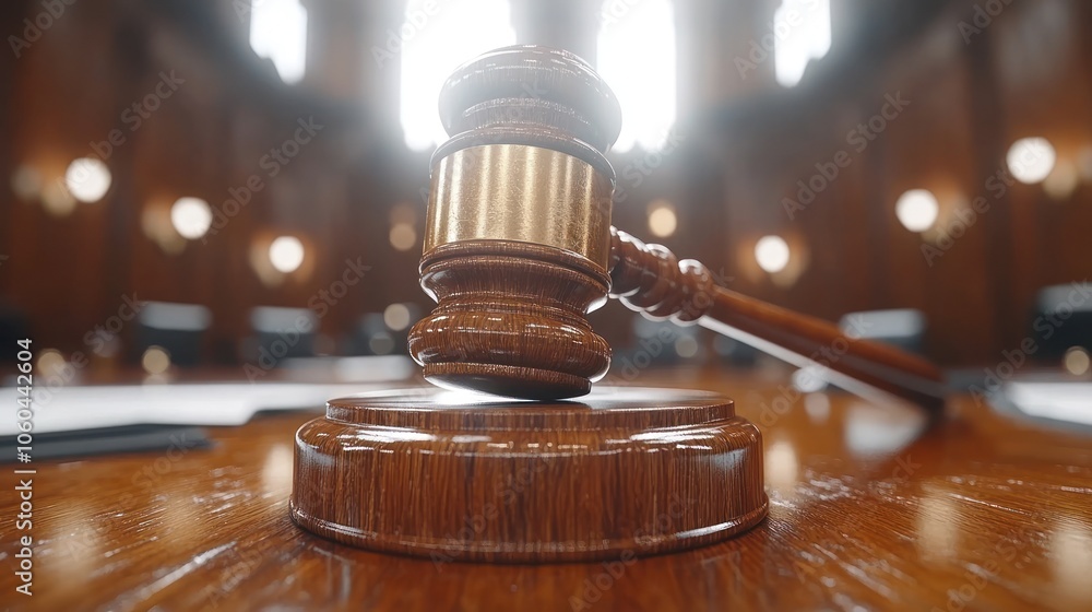 Wooden gavel on a sound block in a courtroom.