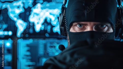 Obraz na płótnie A masked individual with headphones focuses intently on computer screens displaying data and a world map, suggesting a cyber operations context. w salonie