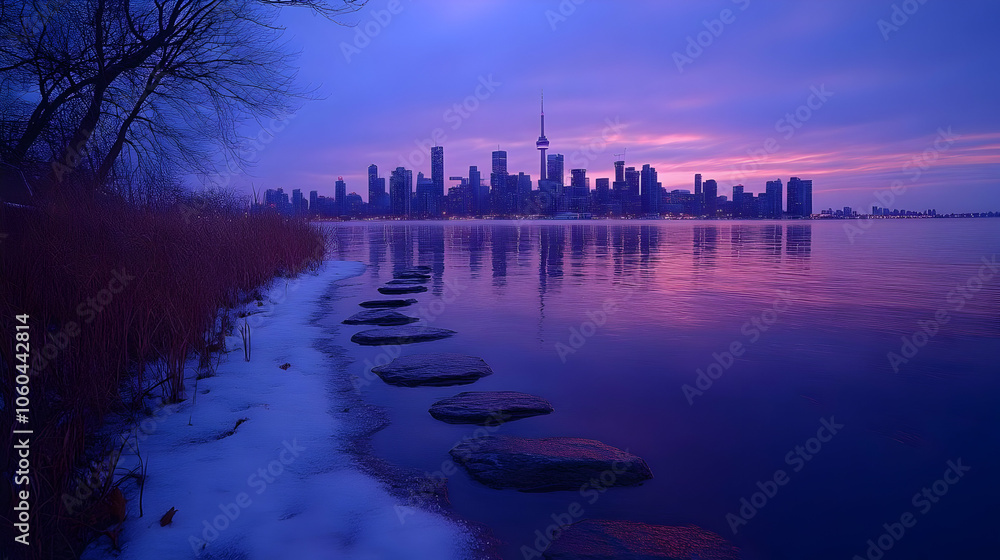 Obraz premium City Skyline with Snow and Stepping Stones - Realistic Photo