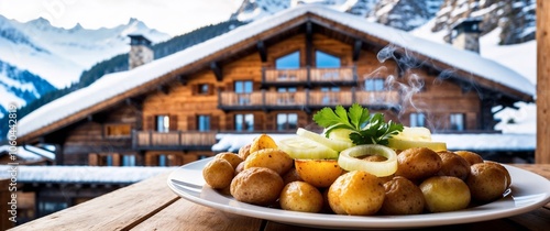 Delicious food plate with steaming potatoes and herbs in a cozy mountain cabin background