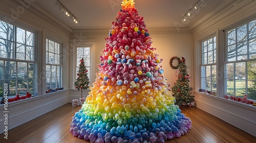 A Christmas tree decorated with candy ornaments of gumdrops and licorice in rainbow colors, surrounded by festive lights and holiday decor. Warm, inviting lighting, vibrant colors, holiday joy. photo