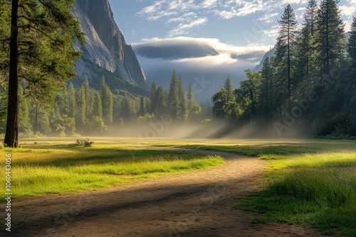 View from the snow-covered valley floow in Yosemite national park during golden hour, just before sunset.. Beautiful simple AI generated image photo