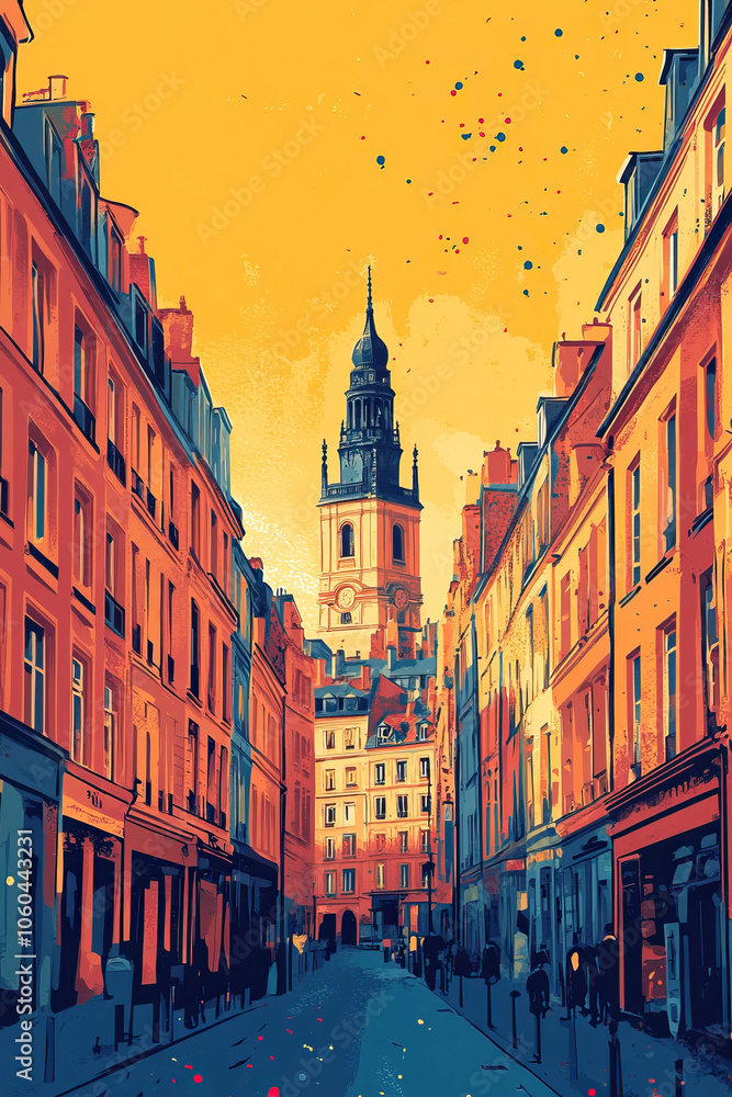 Fototapeta premium Lille, France, Pop Art style theme print. Cityscape, city skyline.Vibrant, bright, modern, trendy, graphic designed for poster, card, wallpaper