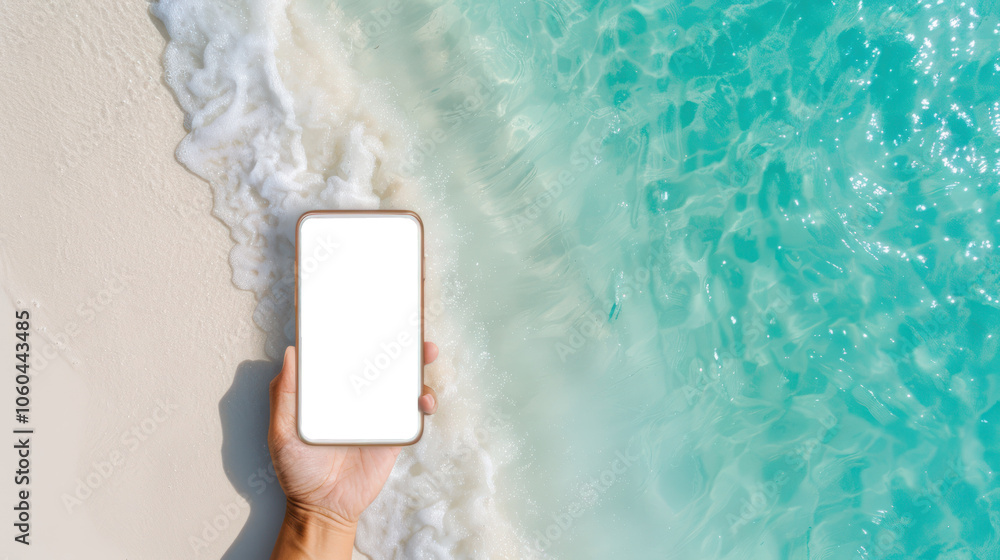 A person holds a smartphone above clear turquoise water and sandy beach, showcasing a relaxing summer vibe.