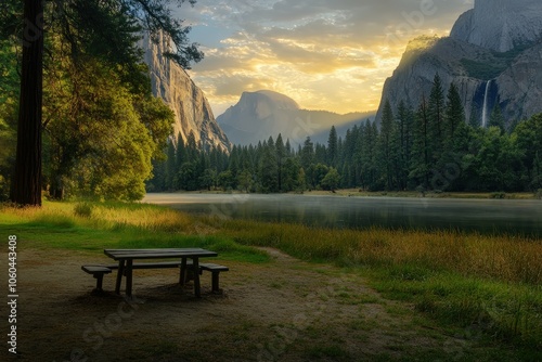 Winter storm at Yosemite Valley - National Park. Beautiful simple AI generated image