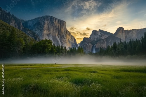 View from the snow-covered valley floow in Yosemite national park during golden hour, just before sunset.. Beautiful simple AI generated image photo