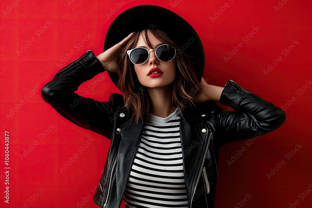 A young woman in stylish and sunglasses poses against the background of a red wall, wearing a black leather jacket A young woman in stylish and sunglasses poses against the background of a red wall, wearing a black leather jacket