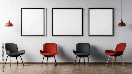 Modern minimalist interior with three empty picture frames and four chairs in red and gray. Two red pendant lamps hang from the ceiling in a clean, contemporary design.