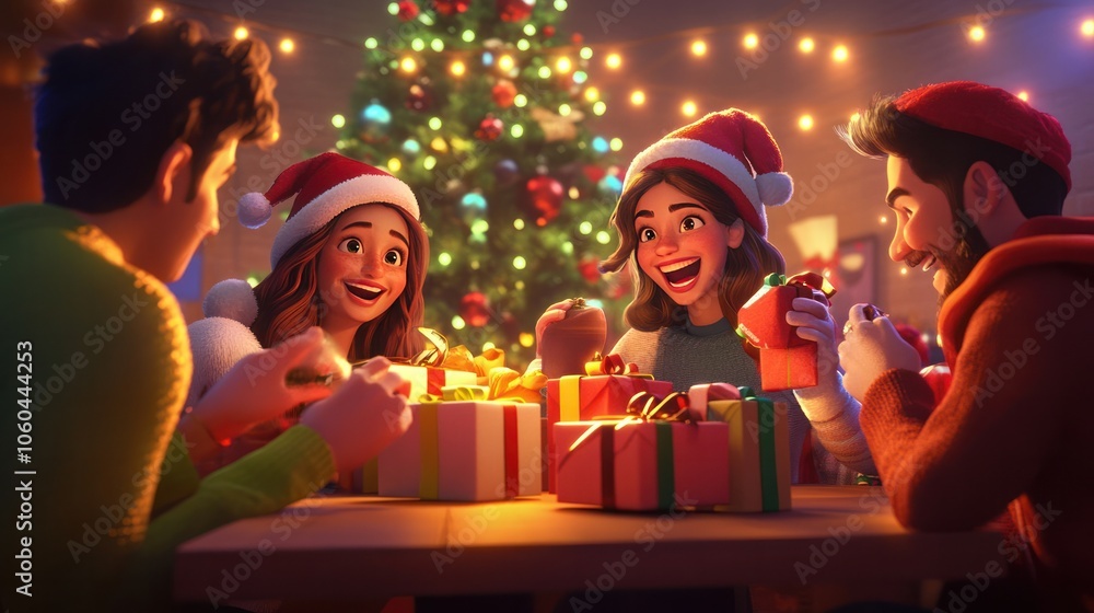 A cheerful scene of friends gathered around a table, laughing and sharing wrapped gifts, A cheerful scene of friends gathered around a table, laughing and sharing wrapped gifts,