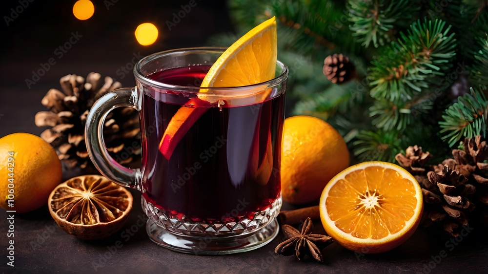 Christmas mulled wine. Traditional Xmas festive drink with decorations and fir tree Christmas mulled wine. Traditional Xmas festive drink with decorations and fir tree