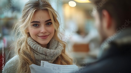 Young woman smiles while holding papers in a cozy setting engaging in a warm conversation with a friend in a lively cafe atmosphere