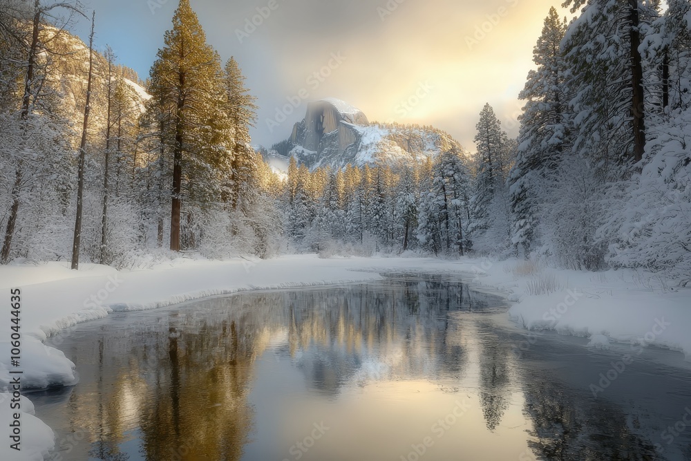 View from the snow-covered valley floow in Yosemite national park during golden hour, just before sunset.. Beautiful simple AI generated image View from the snow-covered valley floow in Yosemite national park during golden hour, just before sunset.. Beautiful simple AI generated image
