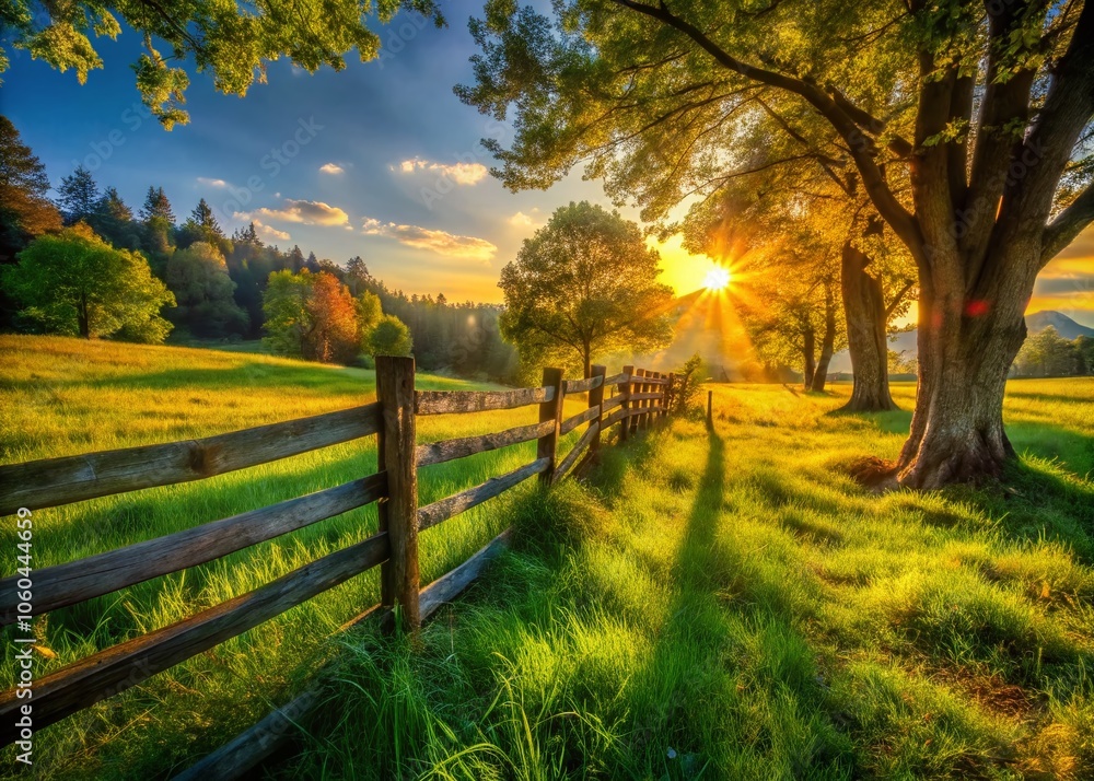 Naklejka premium Captivating Candid Photography of a Rustic Wooden Fence Embraced by Lush Green Grass in Natural Light, Perfect for Nature Lovers and Landscape Enthusiasts