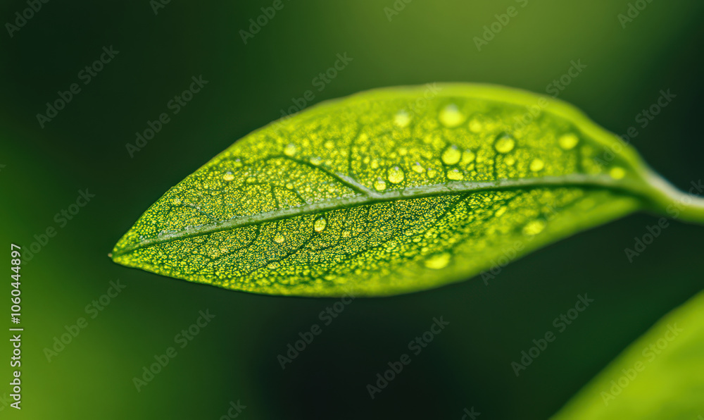 Close up of green leaf with water droplets Close up of green leaf with water droplets