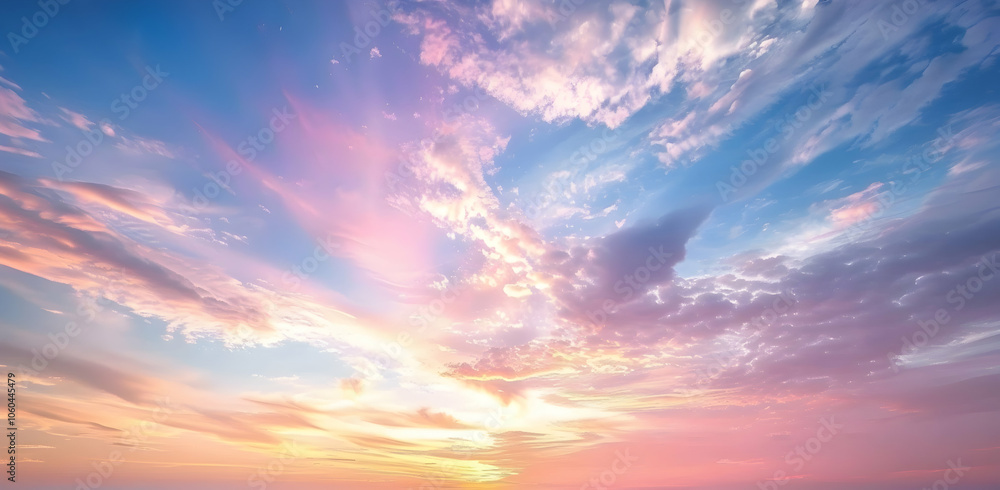 Obraz premium Beautiful sky with stunning clouds at sunset. A photo of the colorful pink and blue sky with a gradient in shades of orange, yellow, purple, and green