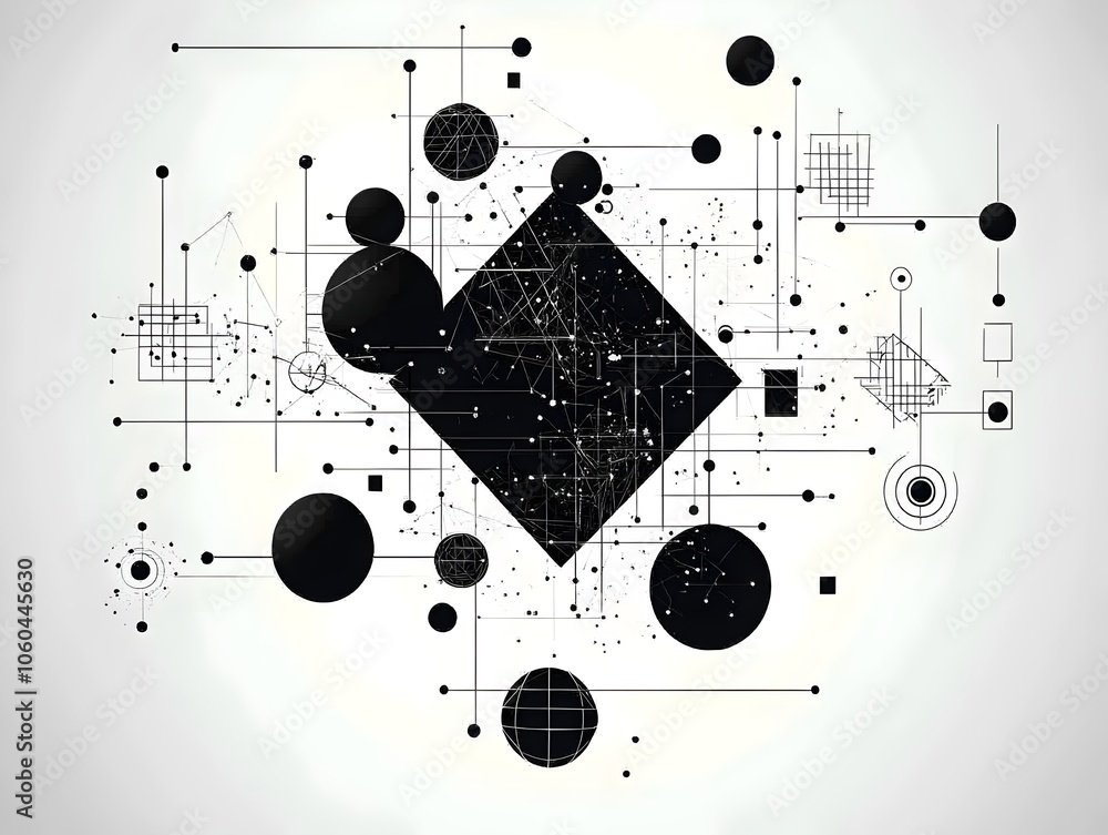 Obraz premium An abstract digital art piece featuring geometric shapes in black and white, including circles, squares, and lines, creating a complex, modern composition.