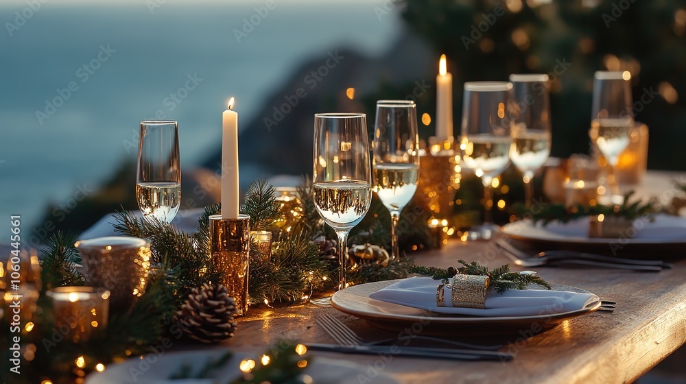 A beautifully set table with candles, champagne glasses, and plates of food on the shore by the sea at dusk
A beautifully set table with candles, champagne glasses, and plates of food on the shore by the sea at dusk