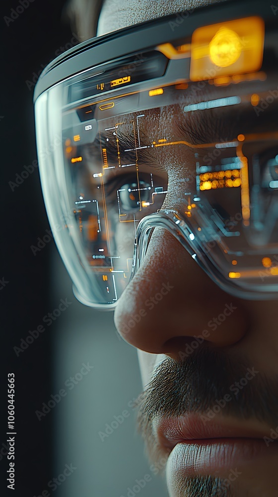 Close-up of a person wearing augmented reality glasses with digital interfaces displayed. Close-up of a person wearing augmented reality glasses with digital interfaces displayed.